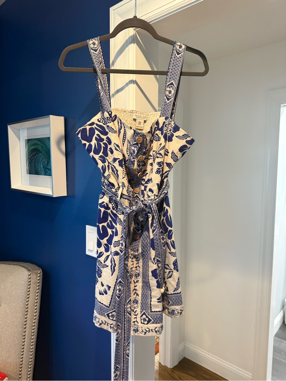 NWOT Rachel Zoe romper 10 blue and White Tie-Waist
